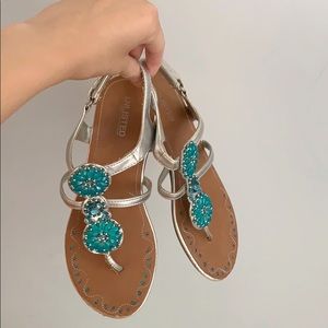 Unlisted Boho Flower Sandals, Silver and Blue Medallion Sandals, Open Toe